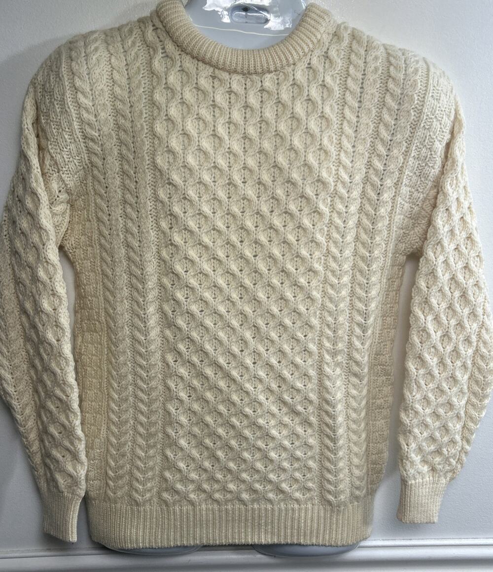 Aran Crafts Sweater Mens Small Off White Wool Fisherman Cable Knit Ireland Crew